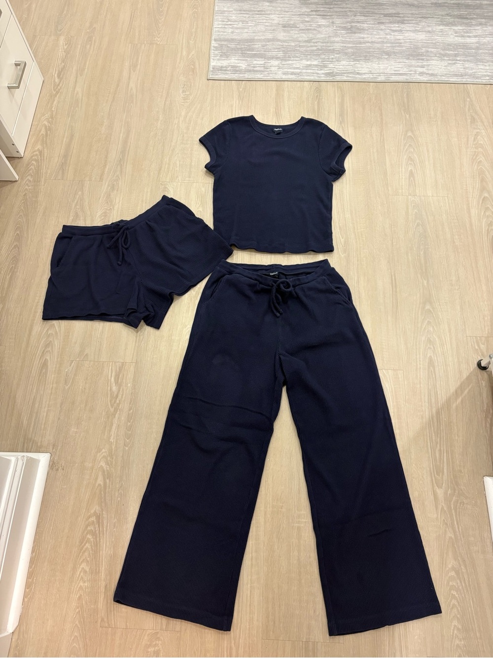 Navy Wide-Leg Lounge Pants with Matching Tee and Shorts Set